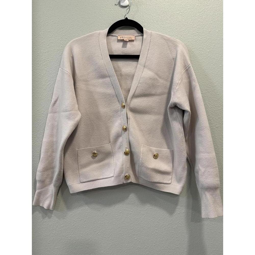 Philosophy Stone Colored V-Neck Button-Up Cardigan Sweater, Small